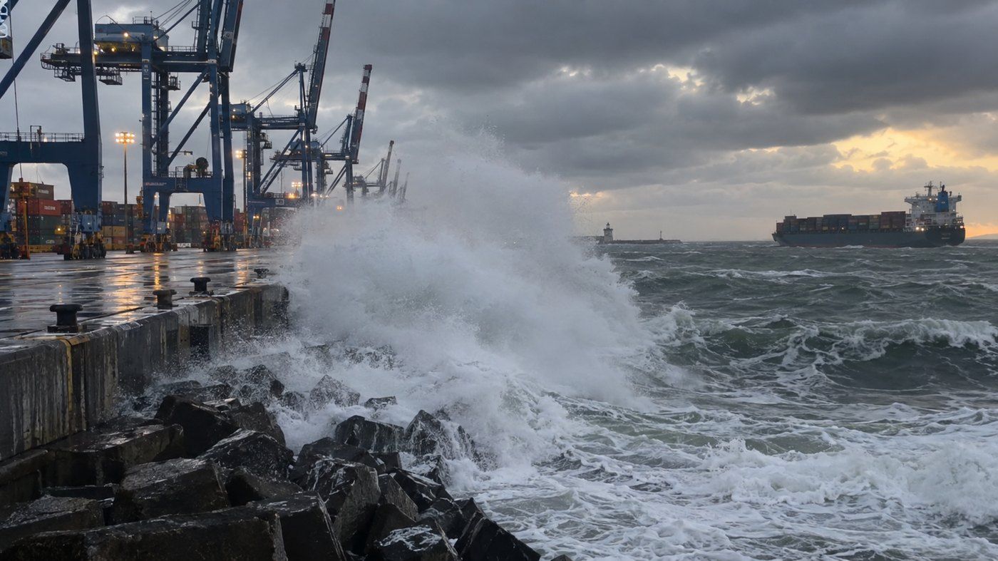 Ondas quebrando em porto com navio porta-contêineres ao fundo, ilustrando o produto de logística portuária da Somma